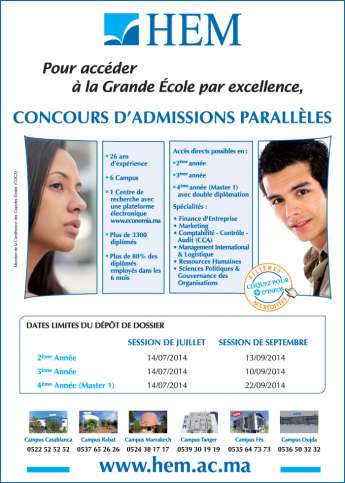 HEM - Ouverture des concours d'accès en admissions parallèles Bac+, Bac+2, Bac+3