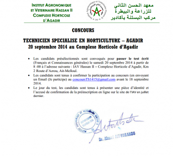 Concours Technicien Spécialisé en Horticulture Complexe Horticole d'Agadir 2014