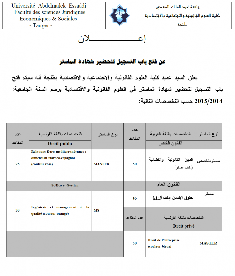 Appel à candidatures Masters FSJES Tanger 2014