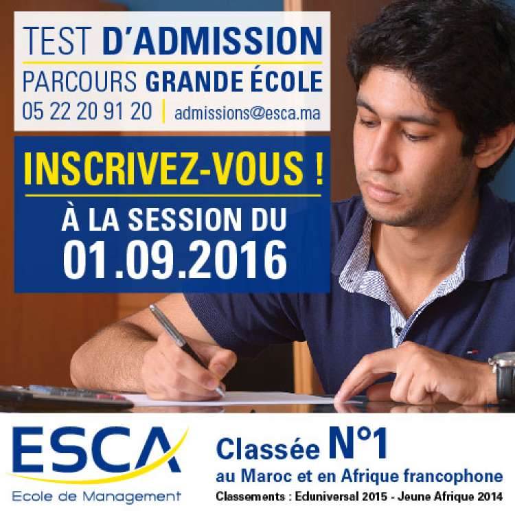 Test d'admission le 01 Septembre 2016 à ESCA Ecole de Management